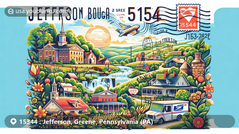 Modern illustration of Jefferson Borough and Jefferson Township, Greene County, Pennsylvania, showcasing iconic landmarks and postal theme with ZIP code 15344, featuring historical buildings, local flora, and postal communication elements.