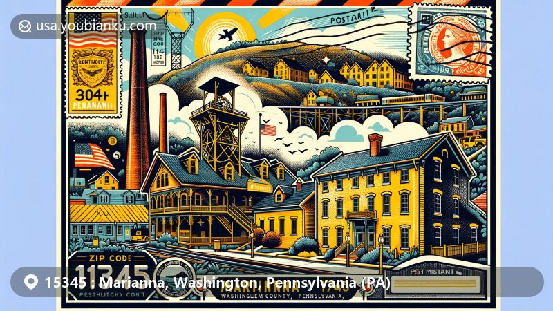 Modern illustration of Marianna, Washington County, Pennsylvania, combining postal theme with ZIP code 15345, featuring historical mining heritage including yellow brick houses and Bethlehem Mines Building.