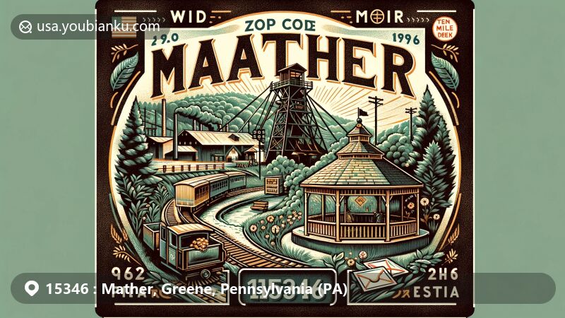 Modern illustration of Mather, Greene County, Pennsylvania, highlighting postal theme with ZIP code 15346, featuring coal mining elements, including mine entrance and coal car, symbolizing community history and resilience, alongside Liars Den gazebo and natural beauty of Ten Mile Creek and Greene County.