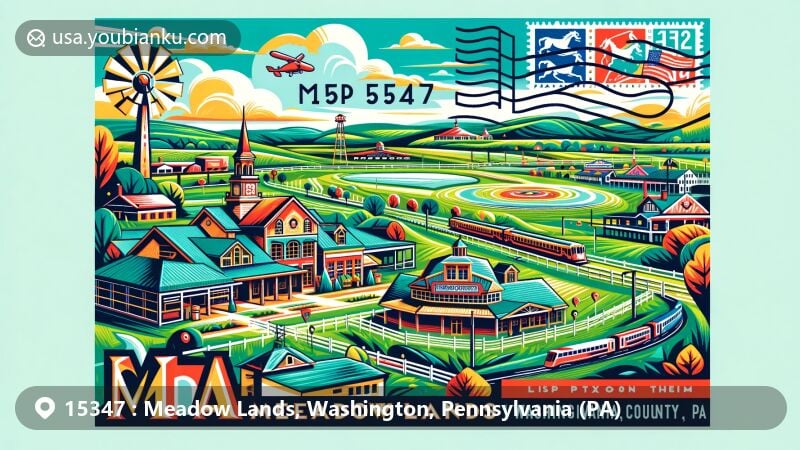Modern illustration of Meadow Lands, Washington County, Pennsylvania, showcasing postal theme with ZIP code 15347, featuring Meadows Racetrack and Casino and Pennsylvania Trolley Museum.