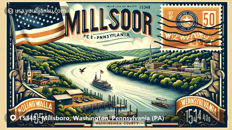 Modern illustration of Millsboro area, Washington County, Pennsylvania, with vintage postal theme and ZIP code 15348, featuring Monongahela River, postcard design, and state symbols.