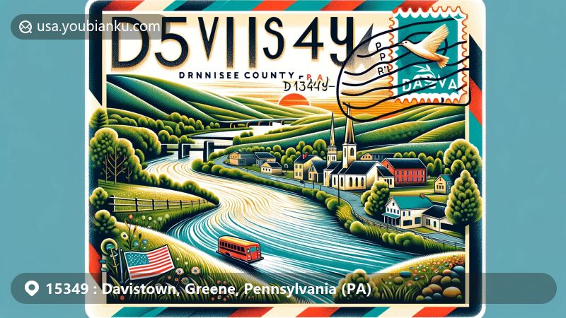 Modern illustration of Davistown, Greene County, Pennsylvania, featuring scenic Dunkard Creek, Greene County outline, and vibrant air mail envelope with postal theme and church symbol.