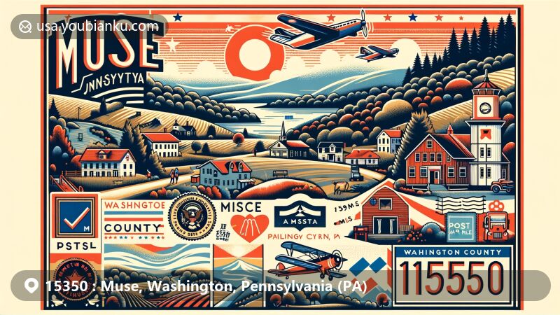 Modern illustration of Muse, Pennsylvania, showcasing postal theme with ZIP code 15350, featuring serene town surrounded by lush forests, outdoor activities, and Washington County elements.