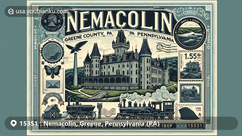 Modern illustration of Nemacolin Castle, representing historical significance of ZIP code 15351 area in Greene County, Pennsylvania. Features coal mining elements and postal theme with vintage postcard layout and castle-themed postage stamp.