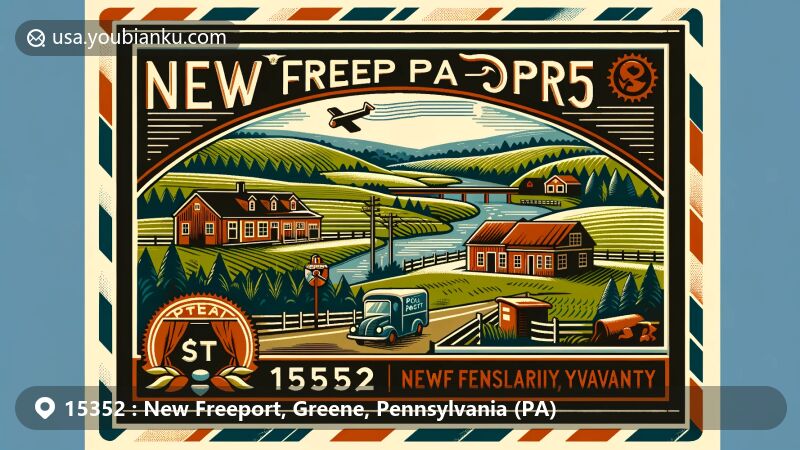 Modern illustration of New Freeport, Greene County, Pennsylvania, with postal theme featuring ZIP code 15352, showcasing serene southwestern Pennsylvania landscapes and small community ambiance.