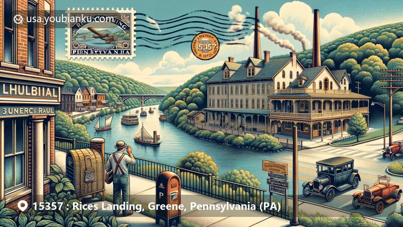 Modern illustration of Rices Landing, Pennsylvania, highlighting historic and postal heritage, featuring Monongahela River and Rice's Landing Historic District with Colonial Revival, American Craftsman, and vernacular Victorian buildings.