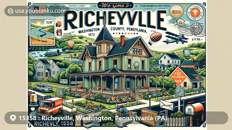 Modern illustration of Richeyville, Washington County, Pennsylvania, with ZIP code 15358, featuring Welsh-Emery House from 1878, vintage postal elements, and community landmarks like Rosefield School and Roxy Theater.