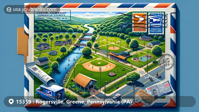 Modern illustration of Rogersville, Greene, Pennsylvania, highlighting Center Township Community Park with lush greenery, baseball fields, playground, and Ten Mile Creek, featuring a creative air mail envelope revealing a postcard with the ZIP code 15359 and postal service symbols.