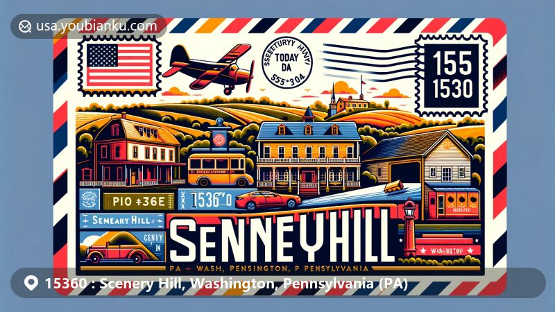 Modern illustration of Scenery Hill, Washington County, Pennsylvania, showcasing postal theme with ZIP code 15360, featuring Century Inn, The National Road, stamps, and postmark.