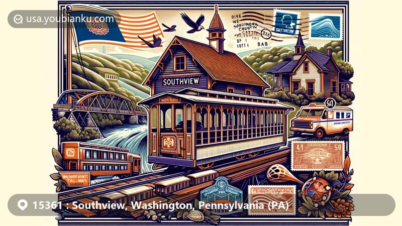 Modern illustration of Southview, Washington County, Pennsylvania, featuring postal theme and local landmarks like covered bridges, David Bradford House, LeMoyne House, and a hint of Pennsylvania Trolley Museum.