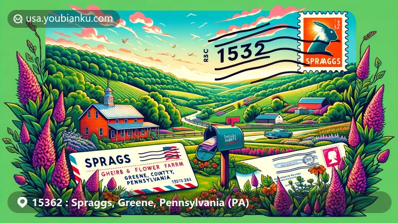 Modern illustration of Spraggs, Greene County, Pennsylvania, highlighting Shields Herb & Flower Farm and postal theme with ZIP code 15362, integrating vintage postal elements like stamps and postmarks.