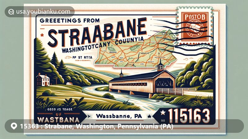 Modern illustration of Strabane, Washington County, Pennsylvania, showcasing postcard design with a vintage layout, featuring lush greenery, Pine Bank Covered Bridge, Pennsylvania state outline, and artistic touches of natural beauty and historical significance.
