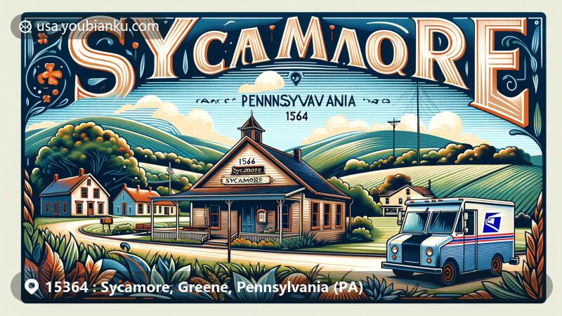 Modern illustration of Sycamore, Pennsylvania, highlighting rural landscapes and postal heritage, featuring old post office, postal vehicle, and '15364' ZIP code.