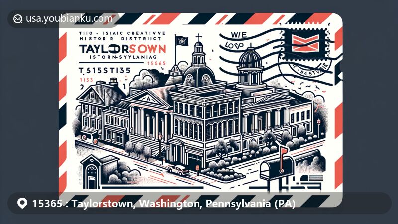 Modern illustration of Taylorstown, Washington County, Pennsylvania, inspired by airmail envelope design featuring ZIP code 15365, showcasing postal elements like postmark and mailbox, with Pennsylvania state flag and architectural styles of Greek Revival, Late Victorian, and Federal.
