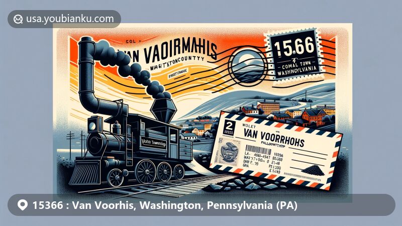 Modern illustration of Van Voorhis area in Washington County, Pennsylvania, showcasing coal town heritage and Pennsylvania state flag, with vintage coal cart, stylized postal envelope, and creative postal stamp, featuring ZIP code 15366.