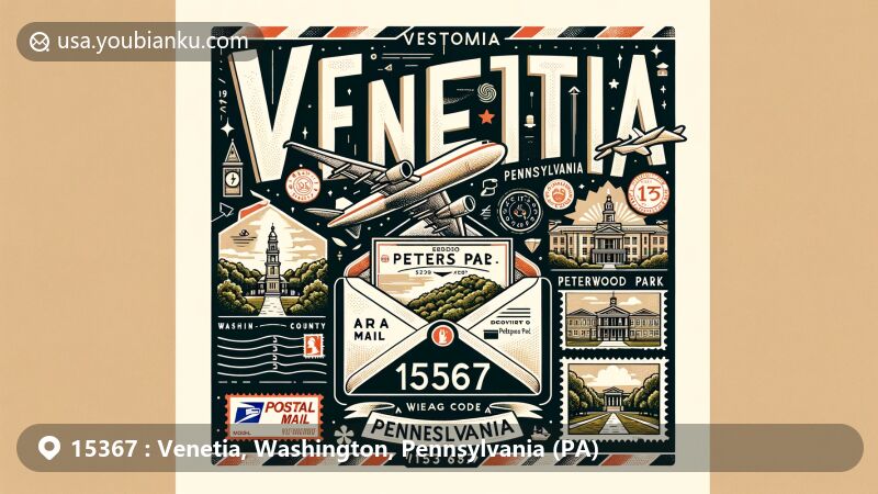 Modern illustration of Venetia, Pennsylvania, highlighting postal theme with ZIP code 15367, featuring Peterswood Park and lush greenery, incorporating postal symbols like stamps and airmail insignia, blending Venetia's local charm with postal aesthetics.