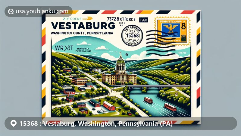 Modern illustration of Vestaburg, Washington County, Pennsylvania, capturing postal charm with ZIP code 15368, featuring Monongahela River and Pennsylvania Route 88.