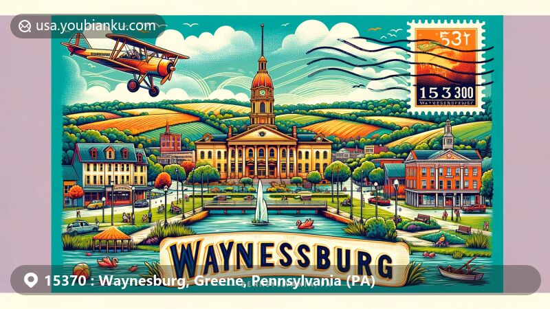 Modern illustration of Waynesburg, Pennsylvania, featuring historic landmarks such as Waynesburg Historic District, Hanna Hall, and Miller Hall, set against a backdrop of rolling hills and rural landscapes, incorporating a postal theme with PA state symbols and '15370 Waynesburg, PA' postmark.