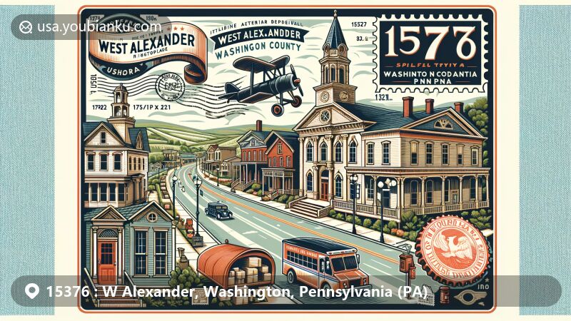 Modern illustration of West Alexander, Washington County, Pennsylvania, featuring historic district with Italianate and Victorian architecture, postal elements, and rural charm.