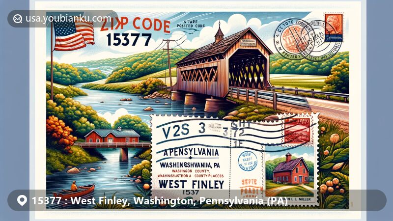 Vintage-style illustration of West Finley, Washington County, Pennsylvania, featuring Longdon L. Miller Covered Bridge and scenic countryside, capturing the charm of small-town America with postal elements and vibrant colors.