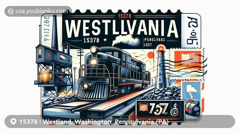 Modern illustration of Westland, Washington County, Pennsylvania, featuring coal mining heritage and postal elements with ZIP code 15378, including Pennsylvania state flag and creative postcard design.