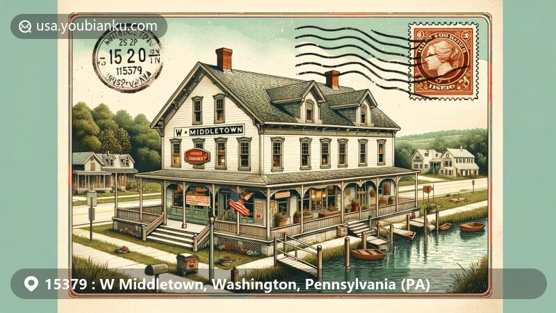Modern illustration of West Middletown Historic District, W Middletown, Washington County, Pennsylvania, capturing 19th-century commercial community roots with classic vernacular house, general store, farmland, and forests.