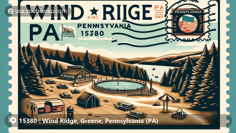 Vintage-style illustration of Wind Ridge, Pennsylvania, showcasing Ryerson Station State Park and postal theme with ZIP code 15380, blending natural beauty and historical charm in Greene County.