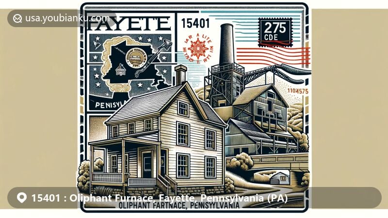 Modern illustration of Oliphant Furnace, Fayette County, Pennsylvania, with postal theme including traditional saltbox house, cokeworks ruins, Pennsylvania state flag, and vintage airmail envelope featuring ZIP code 15401 and county outline.