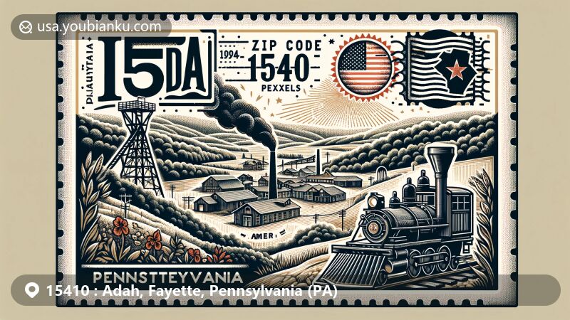 Vintage illustration of Adah, Pennsylvania, with ZIP code 15410, showcasing coal mining history and industrial heritage with references to the Palmer Mine. Features include vintage postcard style with postage stamp, postmark, and postal theme.