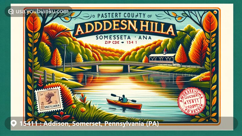 Modern illustration of Addison, Somerset County, Pennsylvania, showcasing Laurel Hill State Park in autumn, with kayaker on lake, postal stamp, ink stamp, and covered bridge motifs.