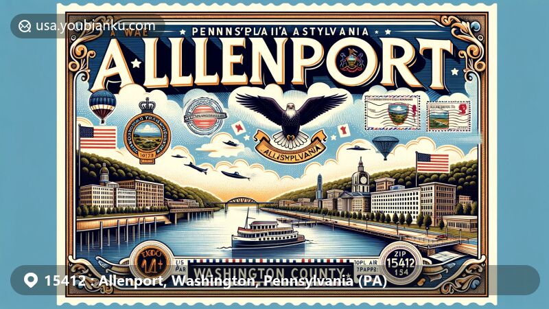 Modern illustration of Allenport, Washington County, Pennsylvania, featuring Monongahela River and vintage postal theme with Pennsylvania state coat of arms, ZIP code 15412.