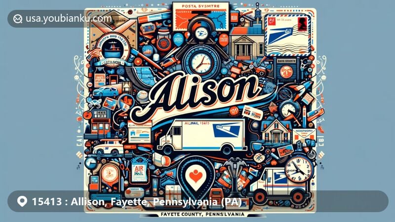 Modern illustration of Allison, Fayette County, Pennsylvania, highlighting postal theme with ZIP code 15413, featuring local landmarks and postal elements in a vibrant and engaging style.