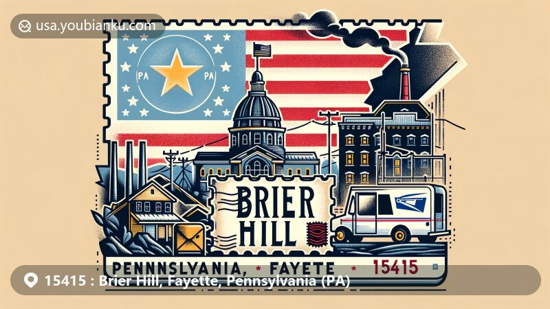 Modern illustration of Brier Hill, Fayette, Pennsylvania, blending regional and postal elements with PA state flag, Fayette County outline, coal mining community, postcard, stamp, postal mark, '15415' ZIP code, mailbox, and mail truck.
