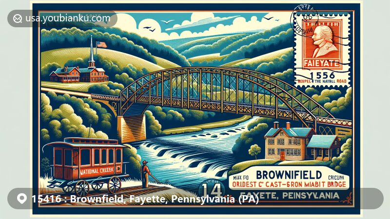 Modern illustration of Dunlap's Creek Bridge, Brownfield, Fayette County, Pennsylvania, highlighting the oldest cast-iron bridge in the U.S. and its historical significance on the National Road, featuring Allegheny Mountains scenery and postal elements.