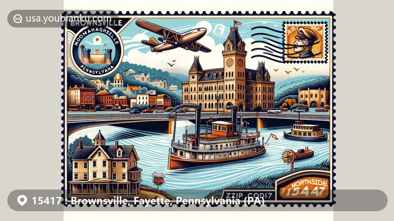 Modern illustration of Brownsville, Pennsylvania, postal code 15417, showcasing Monongahela River, Nemacolin Castle, and Northside Historic District, highlighting town's steamboat building history and early commerce on National Road.