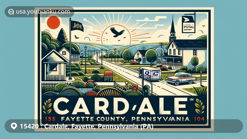 Modern illustration of Cardale, Fayette County, Pennsylvania, portraying community harmony and postal theme with ZIP code 15420, showcasing local amenities and postal elements.