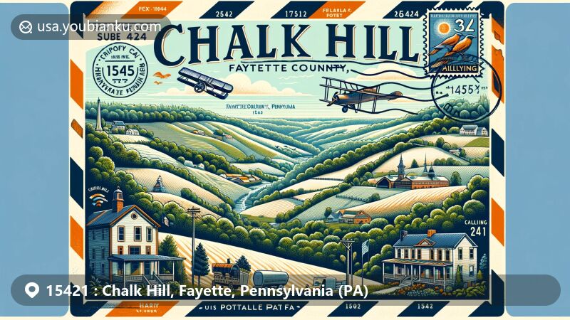 Modern illustration of 15421, Chalk Hill, Fayette County, PA, blending landscapes with postal theme, featuring Fallingwater, Kentuck Knob, Ohiopyle State Park in vintage air mail envelope showcasing local climate, landmarks, and '15421' ZIP code.
