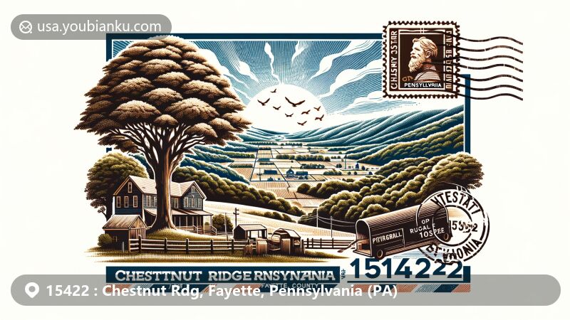 Modern illustration of Chestnut Ridge, Fayette County, Pennsylvania, showcasing historical American Chestnut trees and postal theme with ZIP code 15422, featuring landscape and local symbols.