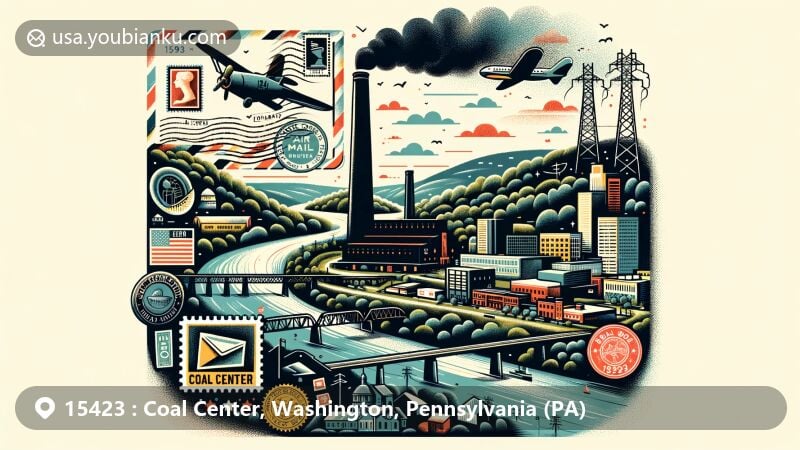 Modern illustration of Coal Center, Washington County, Pennsylvania, featuring postal theme with vintage air mail envelope, stamps, and ZIP code 15423 postmark, showcasing connection to the postal system.