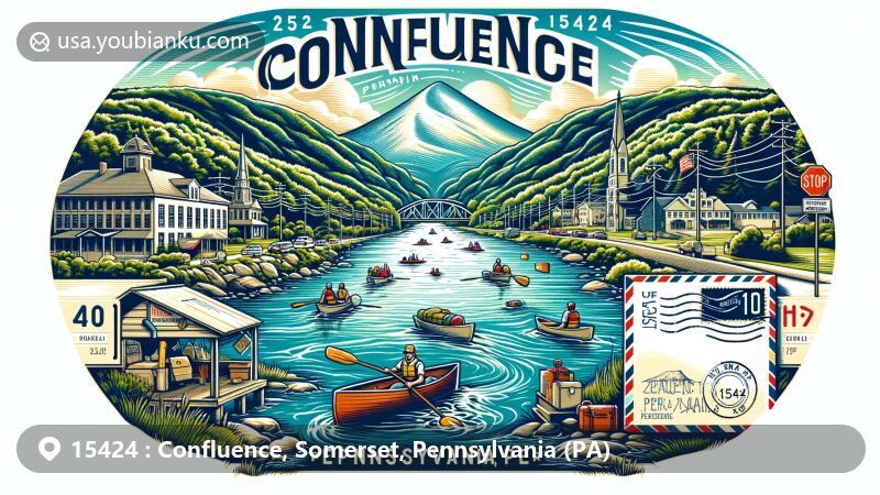 Modern illustration of Confluence, Pennsylvania, highlighting postal theme with ZIP code 15424, showcasing confluence of Casselman River, Laurel Hill Creek, and Youghiogheny River, symbolizing town's name and recreational opportunities.