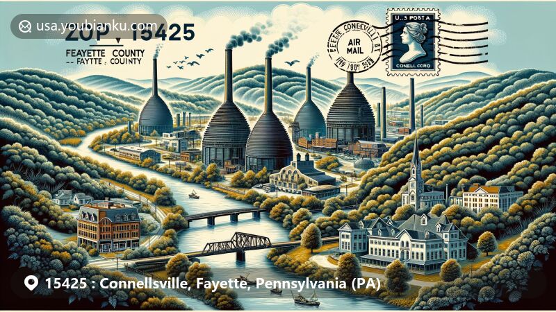 Modern illustration of Connellsville, Fayette County, Pennsylvania, capturing coal and coke industry with beehive coke ovens and Youghiogheny River, featuring Carnegie Free Library and US Post Office, and showcasing lush greenery of Appalachian mountains.