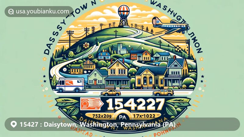Modern illustration of Daisytown, Washington, Pennsylvania, capturing postal theme with ZIP code 15427, showcasing small-town charm and geographical uniqueness, featuring postcard, airmail envelope, and postal elements.