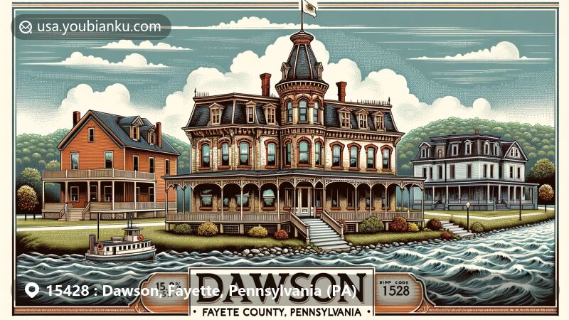 Modern illustration of Dawson area, Fayette County, Pennsylvania, highlighting historic buildings like the 1897 First National Bank with turret and James Cochran House in Queen Anne style, set against Youghiogheny River backdrop.