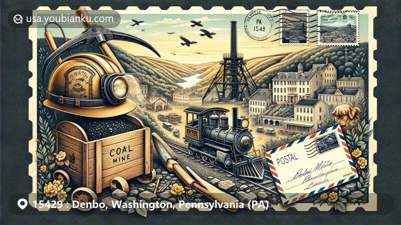 Vintage-style illustration of Denbo, Pennsylvania, depicting coal mining heritage with symbols like coal cart, pickaxe, and helmet, set in a scenic historic town, blended with postal theme including airmail envelope, postage stamp, and Denbo, PA 15429 postmark.