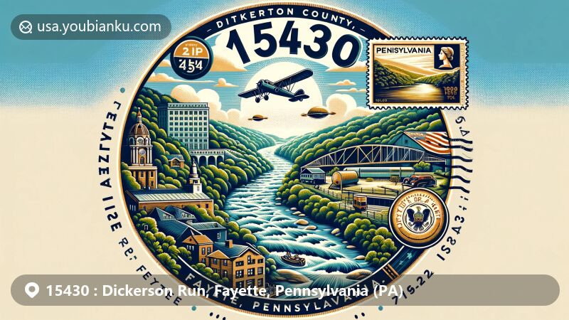 Modern illustration of Dickerson Run, Fayette County, Pennsylvania, blending natural beauty along the Youghiogheny River with vintage air mail envelope adorned with Pennsylvania state flag stamp and postal theme.