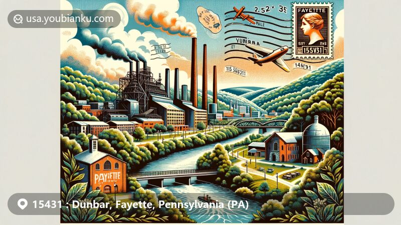 Modern illustration of Dunbar, Fayette County, Pennsylvania, merging ancient coke ovens, iron furnace sites, and scenic Youghiogheny River with hiking and biking trails, in a vintage postcard format with postal elements and ZIP code 15431.