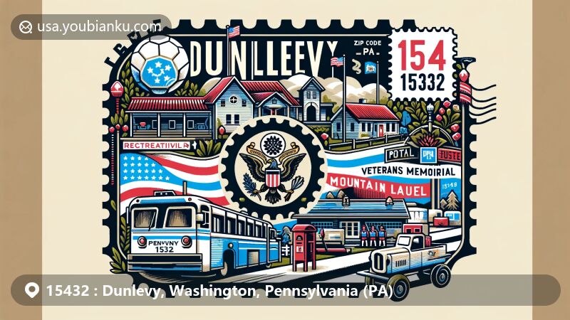 Modern illustration of Dunlevy, Pennsylvania, showcasing recreational center, veterans memorial, and youth soccer league, along with state symbols: coat of arms and mountain laurel, in vintage air mail envelope theme with ZIP code 15432 and postal heritage elements.
