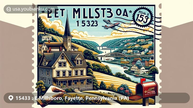 Modern illustration of E Millsboro, Pennsylvania, blending local charm and postal elements, featuring Monongahela River and ZIP code 15433 on vintage postcard design.