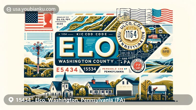 Modern illustration of Elco, Washington County, Pennsylvania, showcasing postal theme with ZIP code 15434, featuring a mailbox with 'Elco, PA 15434' postmark and Pennsylvania's natural beauty.