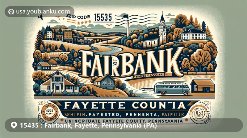 Modern illustration of Fairbank, Fayette County, Pennsylvania, featuring ZIP code 15435, showcasing rural charm and postal theme with vintage postcard design.